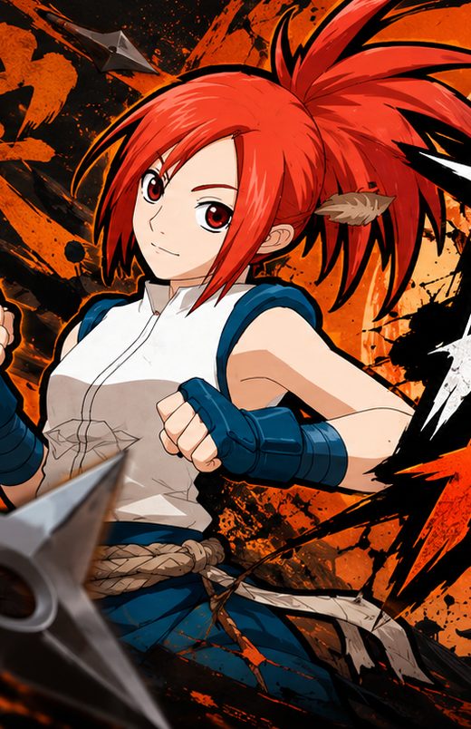 Kunoichi berambut merah bersiap bertarung.