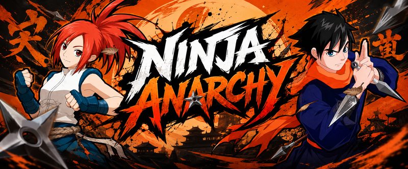 Dua ninja berdiri saling membelakangi di depan matahari merah.